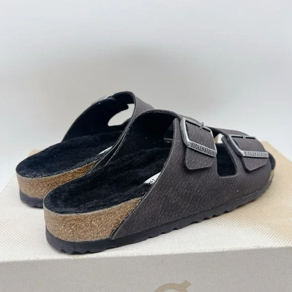 Birkenstock Arizona Shearling Synthetics Desert Dust Black Sandal Womens EU 41